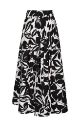 Dlouhá sukně s kapsami, černobílá, květinový vzor
